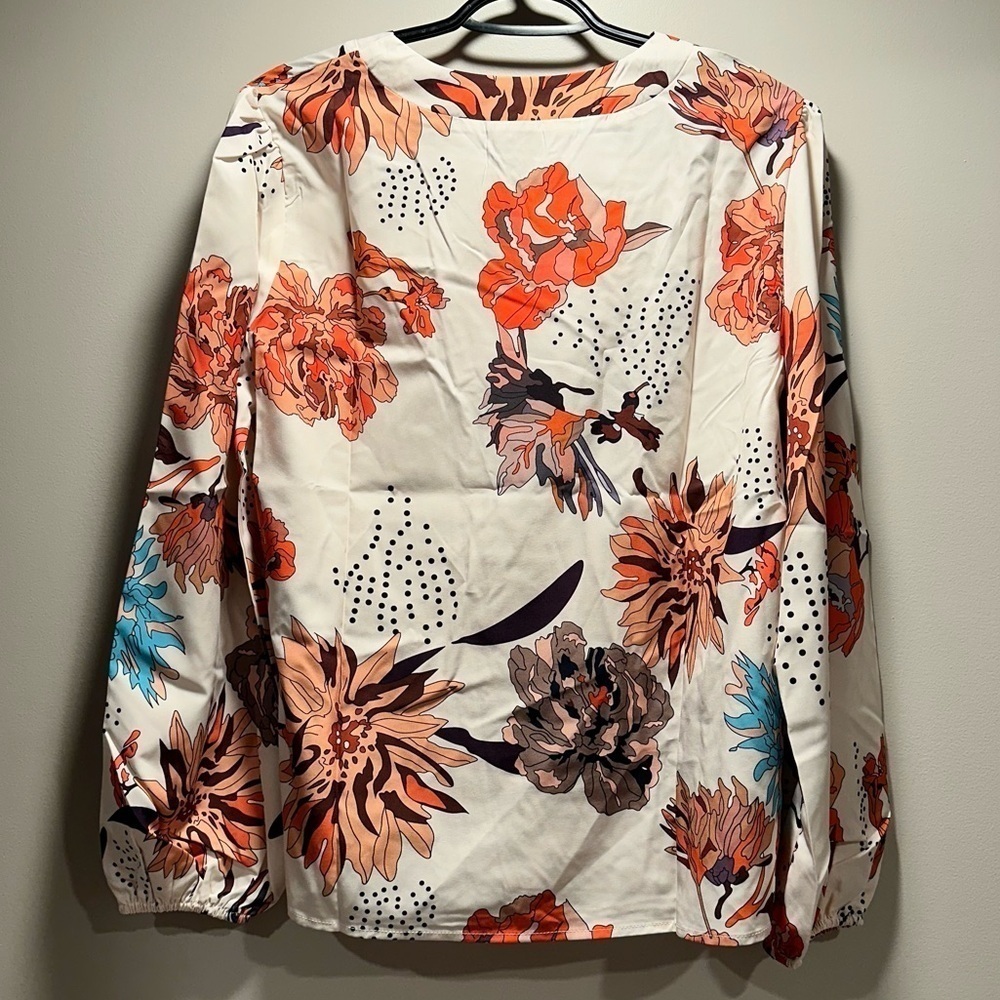 NEW Floral Print V-neck Blouse Fall Long Lantern Sleeve Loose Fit. Satin Like S - Picture 7 of 15